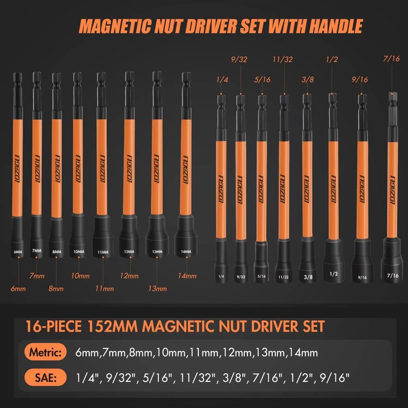 LOZAGU 16Pcs Long Magnetic Nut Driver Set for Impact Drill