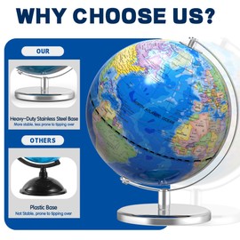 13 Inch Large World Globe for Adult, Educational Globe for Children, Colorful HD World Map Details for Kids Learning, Illuminated Globes Lamp for Kids Gift and Bedroom Office Decor