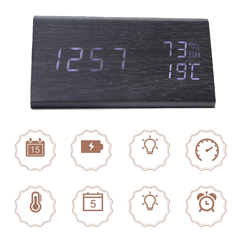 Digital Clock Wooden Electronic LED Time Display Temperature and Humidity