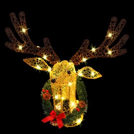 Rossesay Christmas Light up Wall Decor Deer Head, 28 Inch 3D Hanging Garland, Large Lights up Reindeer Head for Door Window Christmas Holiday Indoor Outdoor Decor, Battery Operated, 8 Modes