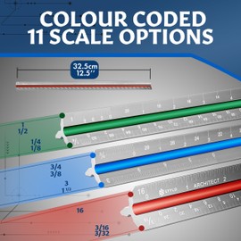 Stylo 12" Aluminum Architect Scale Ruler Laser Etched Triangle Drafting Ruler, Color Coded Grooves for Blueprint, Drafting and Drawing, Architectural Scale Ruler for Blueprints (Grey, Imperial Units)