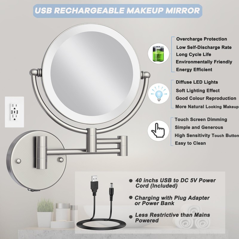LEDOOLE 8" Rechargeable Lighted Wall Mounted Makeup Mirror with Magnification,