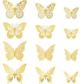 WADY 48 Pcs Butterfly Decorations 4 Styles 3 Sizes, 3D Butterfly Wall Decor Gold Party Decorations, Removable Stickers (Gold)