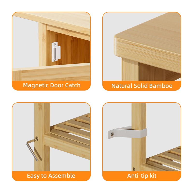 HITNET Bathroom Floor Cabinet, Bamboo Storage Cabinet with Door and