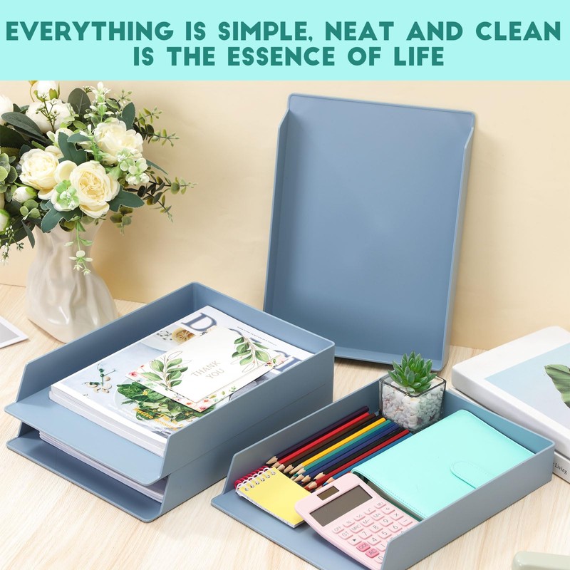 TecUnite 4 Pieces Stackable Letter Trays Blue Rectangular Stackable Office