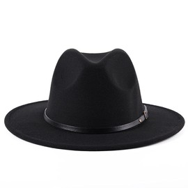 NARAMAX 1PCS Wide Brim Floppy Panama Hat Belt Buckle Wool Fedora Hat Jazz Hat Porkpie Style for Unisex (Black)