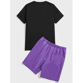 GORGLITTER Men's Letter Printed T Shirts Short Sleeve Top & Shorts Casual Two Piece Sets Black and Purple Letter & Bear Large