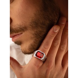 Bestyle Stainless Steel Rings for Men Boys - Classic Red Garnet Ring Square Signet Rings with Red Agate Gemstone Ring for Men, Retro Thumb Pinky Ring for Men, Size 8