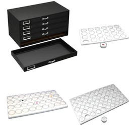 FindingKing 5-Drawer Black Jewelry Storage Case w/ 5 White Gem Jar Tray Inserts (1 24 Jars, 2 36 Jars, 2 50 Jars)