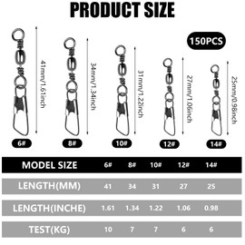 ZWQLZG 150 Pcs Fishing Accessories, Fishing Swivels And Clips With Safety Snaps, Swivels Fishing Tackle, Swivel Clips, Rolling Swivel for Quick Change Swivels Fishing 6# 8# 10# 12# 14# (Type A)