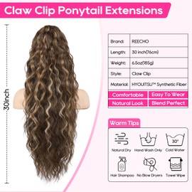 REECHO Ponytail Extension 30" Long Claw Clip Ponytail Extension Curly Wavy Pony Tails Hair Extensions Clip in Synthetic Hairpiece for Women, Chocolate Brown with Highlights
