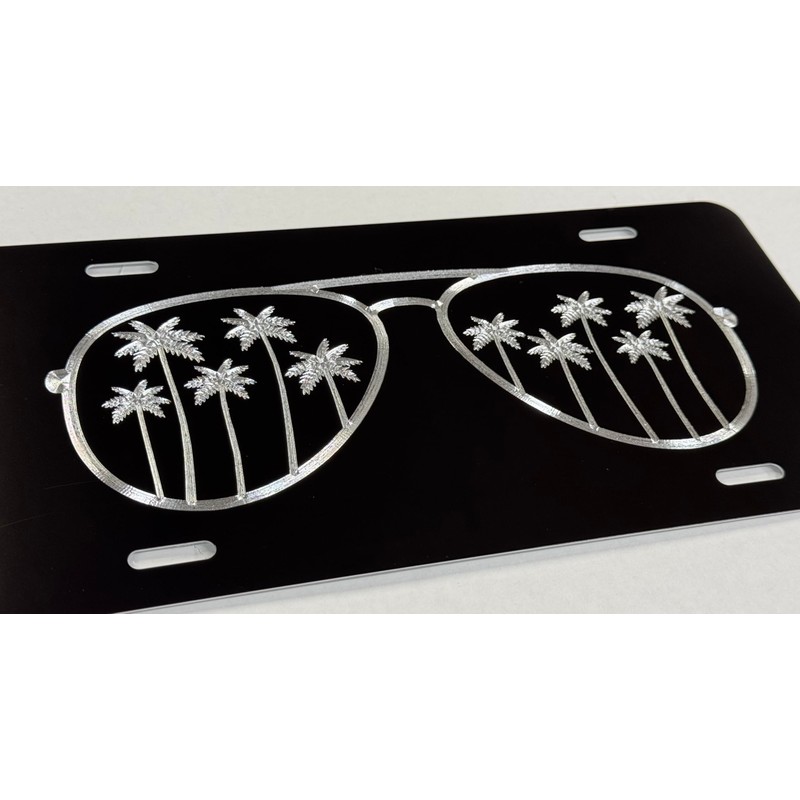 Palm Tree Sunglasses Car Tag Diamond Etched Vanity Front Aluminum