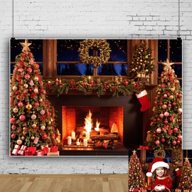 8x6ft Christmas Fireplace Backdrop Christmas Theme Indoor Scene Photo Background for Party Wall Decorations Xmas Selfie Picture Backdrop Studio Photo Booth Props