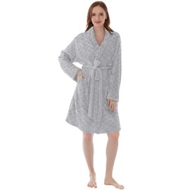 PAVILIA Light Gray Short Robe for Women, Womens Robes Lightweight, Plush Fluffy Shower Bath Robe for College Dorm Women, Soft Fuzzy Robe with Pockets, Cozy Knee Length Ladies Bathrobe, S/M