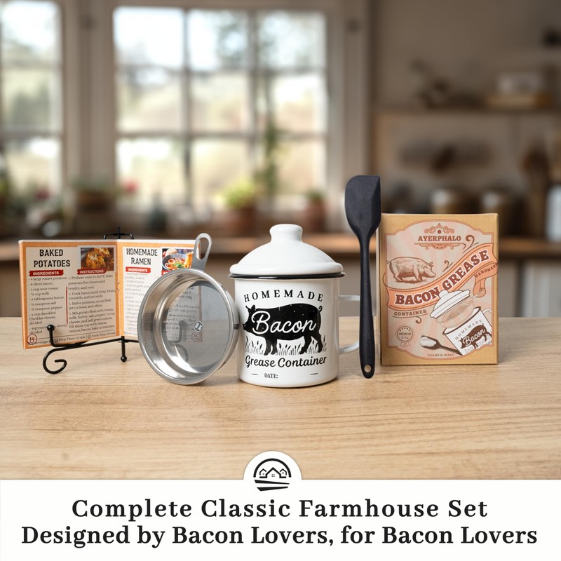 Ayerphalo Bacon Grease Container with Strainer - With Food-Grade Silicone