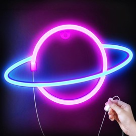 Planet Neon Sign, USB Powered Planet Light Led Neon Signs with On/Off Switch, Planet Led Sign for Wall Decor, Aesthetic Hanging Saturn Neon Light, Planet Lights for Bedroom, Gaming Room - Color: Blue+Pink