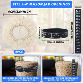 8PCS Sourdough Starter Jar Covers Cloth Kit with 6 Reusable Linen Covers, Thermometer & Time-Tracker Band - Fits 3-4" Mason Jars Container, Washable Cotton Cloth Bowl