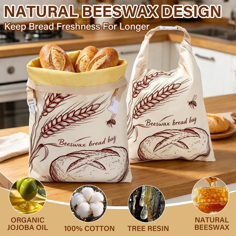 2-Pack Beeswax Bread Bags & 3 Wraps for Sourdough &
