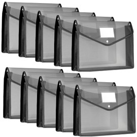 Epakh 10 Pcs Plastic File Folders Envelope Expanding File Wallet Organizer Documents Folder with Snap Closure and Pocket, A4 Size Waterproof Transparent File Pouch for School(Grey,Horizontal)