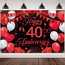 40th Wedding Anniversary Banner Backdrop - Black Red Happy 40th Anniversary Decorations, Ruby Wedding Anniversary Party Photo Background Decoration Supplies(180x120 cm)