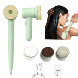 Electric Body Brush, 4in1 Back Scrubber for Shower, Short/Long Handle Rotating Body Brushes, Rechargeable Bath Brush, IPX7 Waterproof Silicone Body Scrubber for Clean Exfoliate Massage (Green)
