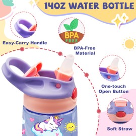 CGMIBAS 14oz Unicorn Kids Water Bottle with Straw - Rainbow Water Bottle For School, Leakproof, Lightweight, Durable Plastic Bottles for Kids Travel, Pop-Up Straw Cover, Gift Cup for Girls (Unicorn)