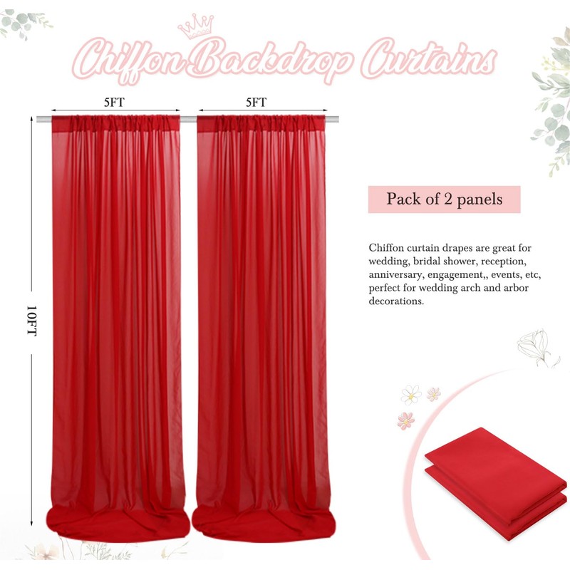 FANPROMS Red Sheer Backdrop Curtains 5x10ft 2 Panels Chiffon Fabric