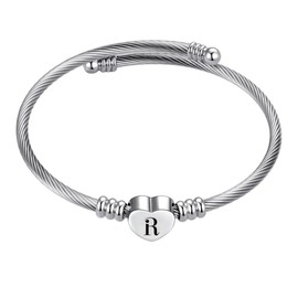 MiiFort Women's Initial Name Silver Cuff Bangle Letter R Bracelet Love Heart Point Style Stainless Steel Family Sister Daughter Granddaughter Birthday