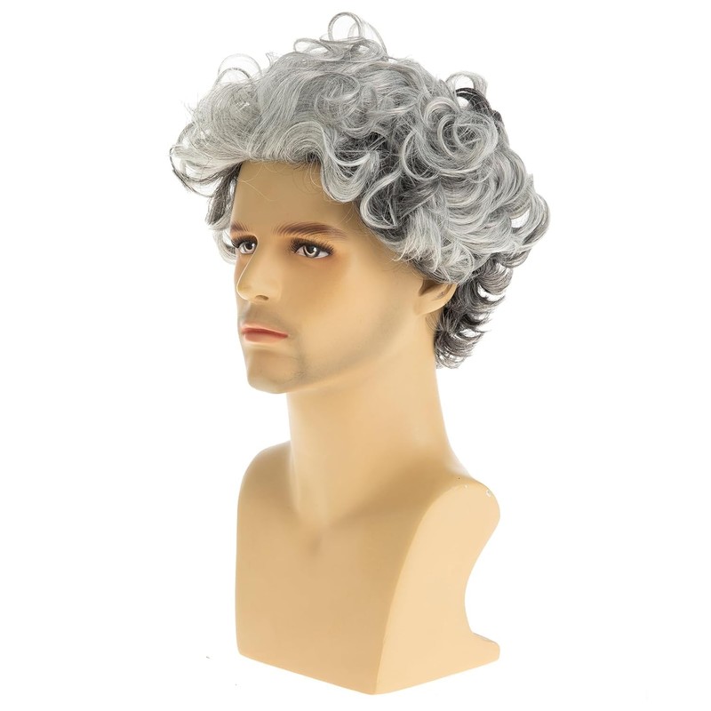 Short Culry Grey Wig for Men Short Wavy Cosplay Layered