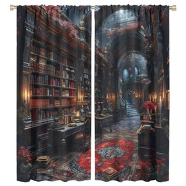 HDESDIS Vintage Library Fantasy Blackout Curtains for Bedroom/Living Room, Romantic Floral Plant Bookshelf Thermal Insulated Curtains Rod Pocket Window Drapes, 2 Panels/Each 21" W x 45" L