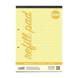 RHINO A4 Refill Pad, Writing Pad, 100 Page / 7mm Squared, 1 Pack, Yellow Squared Writing Paper for Dyslexia & SEN, Office & School Stationery Supplies