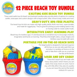 CLASSIC SAND & PLAY Sandcastle Beach Toys for Kids, 12 Pc Set, Heavy-Duty Plastic Bucket, Shovel, Sifter, Rake, and Sea Animal Molds, Interactive Play for Girls and Boys, Safe for Ages 2 and Up