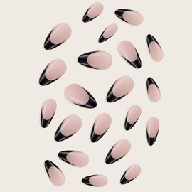JUSTOTRY 24 Pcs Almond Short False Nails,Glitter Black Press on Nails Pattern,Glossy French Fake Nails Short,Simple Oval Stick on Nails for Women and Teens,Medium Glue on Nails for Nails Art