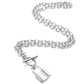 Yooping Men's Necklace, Silver, Padlock, Pendant, Stainless Steel