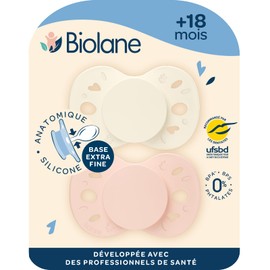 BIOLANE - Anatomical teat - Extra thin pacifier - from 18 months - Pink and beige - Flat and reversible nipple - Optimal comfort - Respect for mouth development - Safe and durable