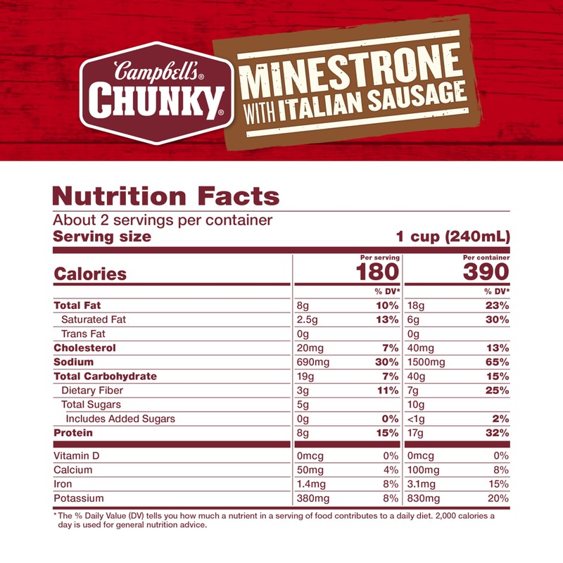 Campbell’s Chunky Soup, Minestrone with Italian Sausage Soup, 18.8 Oz