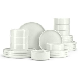 E-far Dinnerware Sets for 8, 24-Piece Stoneware Plates and Bowls Set, Modern Kitchen Dinning Dishware, Chip and Scratch Resistant, Microwave & Dishwasher Safe, Speckled White