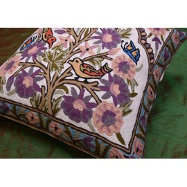 Kashmir Designs Tree of Life Pillow Cover | Lavender Floral Pillowcase | Designer Flower Pillow | Suzani Cushions | Flower Pillow | Modern Floral Cushion | Hand Embroidered Cushions Wool Size - 18x18