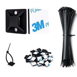 Strong Back-Glue Self Adhesive Cable Zip Tie Mounts Kit - 100 Set Cable Management Clips with 6" Zip Ties, Wire Holders - Outdoor Sticky Wire Organizer Clips-Black