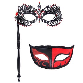 IETANG Couple Pair Venetian Masquerade Ball Masks Set Party Costume Mask (on stick-C-black&red)