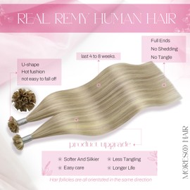 Moresoo U Tip Hot Fusion Hair Extensions Blonde Highlights Hot Fusion Human Hair Extensions Ash Blonde with Bleach Blonde U Tip Hair Extensions Human Hair Blonde 24 Inch 50g 50s