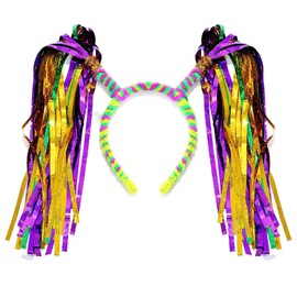 Yokawe Mardi Gras Headband Light up Carnival Headwear Ponytail Pom Pom Rave Costume Party Hair Accessories for Women