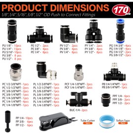 170PCS Push-to-Connect Air Fittings Kit, Quick Connect 1/8",1/4",5/16",3/8",1/2" NPT with PU Reducer for Air Compressor, Pneumatic Tools, Truck Air Brakes, Automotive & Garage Workshop