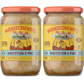 Manischewitz Whitefish & Pike Gefilte Fish in Liquid Broth 24oz (2 Pack), All Natural, Packed with Protein, No Added MSG, Kosher for Passover