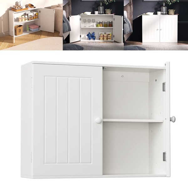 AUTOFU Wall Storage Cabinet, Bathroom Kitchen Storage Cupboard, Small Space Pantry Organiser Wall Mounted, Wooden Wall Cupboard Utility Cupboard, Adjustable Shelf and Compartment, Double Door