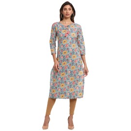 Rajnandini Jaipuri Jaipuri de algodón puro con estampado floral recto (listo para usar; gris y amarillo; pequeño), Gris y amarillo., M