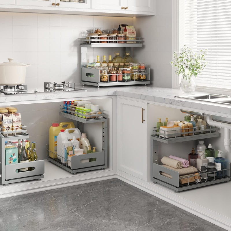 Biboraya 2 Pack Under Sink Organizer Upgrade to Professional Rails,2-Tier