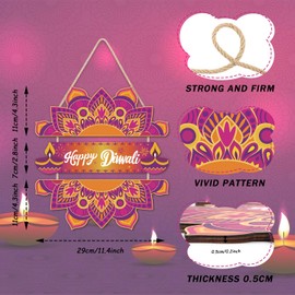 LHIUEM Happy Diwali Wooden Signs Indian Festival of Lights Door Hanging Decor Set of 3(4”X11”) Indian Wreath Garland,Dewalee Wood Wall Hanging,Diya Lotus Door Hanger Diwali Party Decor for Home Porch