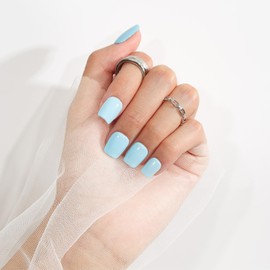 KQueenest Light Blue Press On Nails Short Square - Acrylic Press On Nails Summer, Sheer Pastel Blue Short Fake Nails with Glue, Glossy Opaque, Reusable Soft Gel Glue on Nails for Women, 24 Pcs