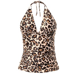 Yonique Women's Halter Tankini Top No Bottom V Neck Swim Top Tummy Control Bathing Suit Top Brown Leopard L
